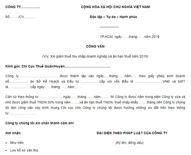 Công văn là gì ? Các mẫu công văn phổ biến trong văn phòng 11 Công văn xin giảm số thuế TNDN và ân hạn thuế